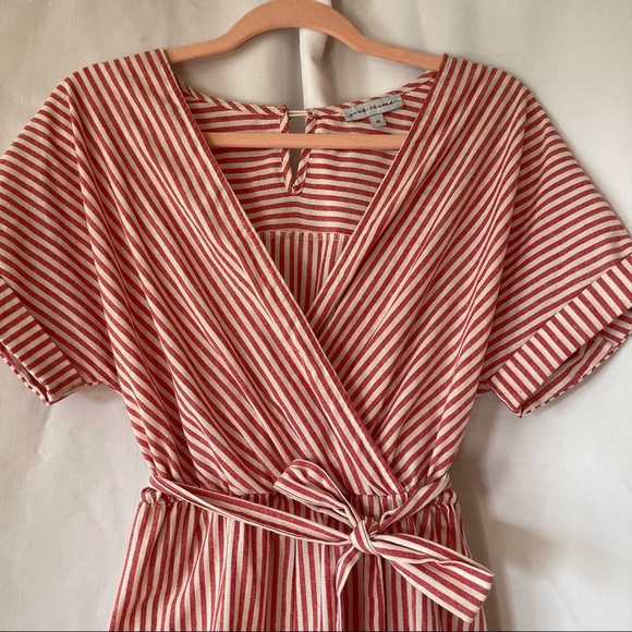 Pink Thread Red and White Stripe Cross Front Short Sleeve Jumpsuit - Picture 3 of 13
